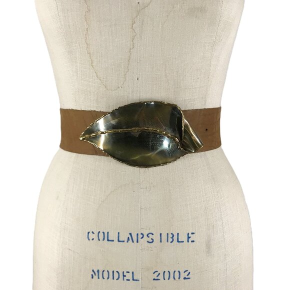 Vintage 80s Belt Artisan Hand crafted Brutalist Buckle tan leather - Picture 1 of 8